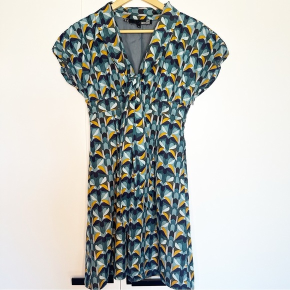 Love Moschino Geometric Print Knee Length A-line Dress 4 small teal 90’s pockets - Picture 1 of 12